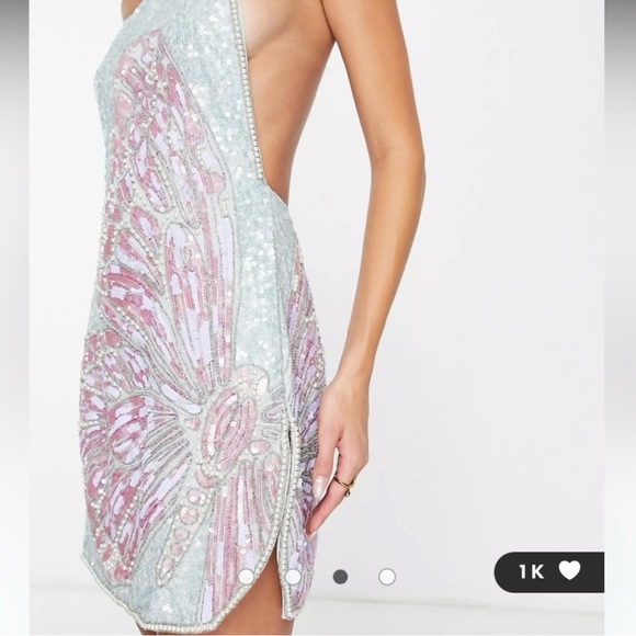 ASOS Design Blue Green Butterfly Pearl Sequin Beaded Halter Mini Dress Size 10 - Picture 3 of 9